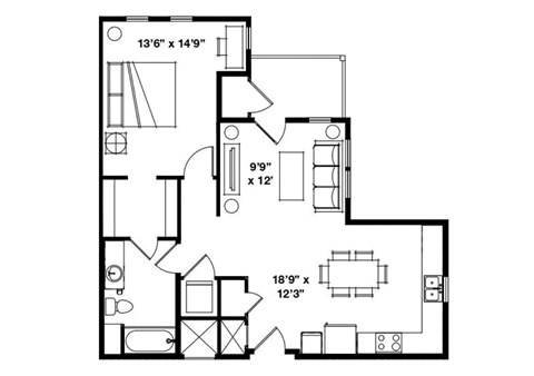 Floor plan for 1 bed, 1 bath, 730 sqft
